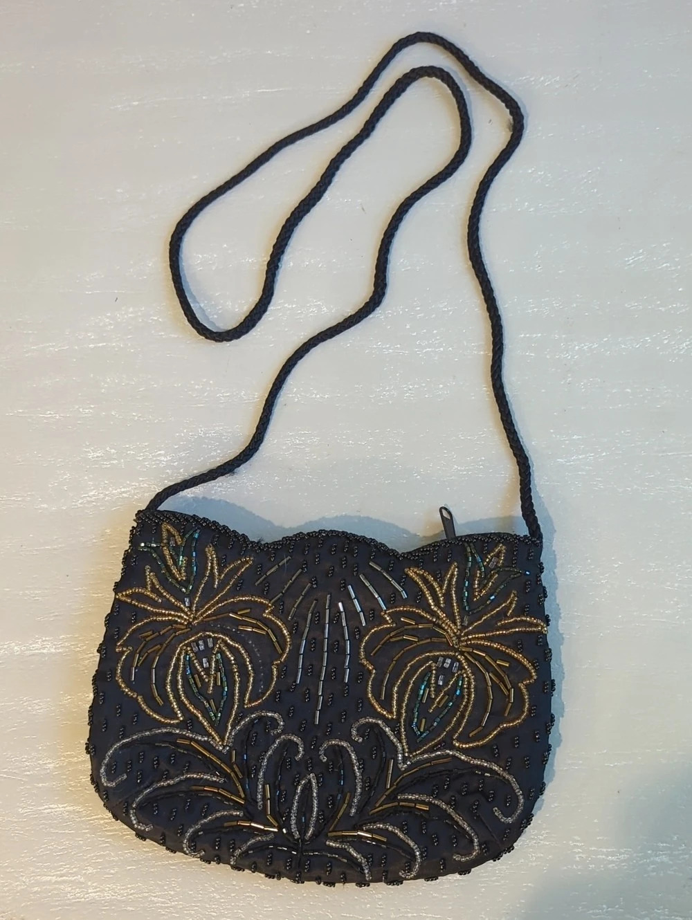 Vintage Carolyne Barton Beaded Floral Crossbody Bag in Black